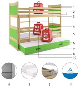 3-lôžková poschodová posteľ RICO so zásuvkou, prírodná/zelená
