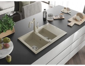 Mexen Gaspar, granitový drez 752x436x161 mm, 1,5-komorový a drezová batéria Carla, béžová, 6507-69-670700-69