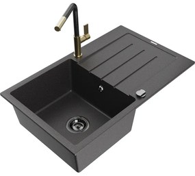 Mexen Bruno, 1-komorový granitový drez 795x495x200 mm a drezová batéria Flora, čierna škvrnitá, 6513-76-670401-75-B