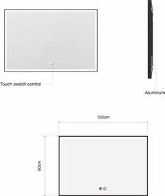 Erga Samira, LED zrkadlo 120x80cm v čiernom ráme, 3105 lm, 3 farby svetla, predné/zadné osvetlenie, ERG-V01-SAMIRA-1280-BK