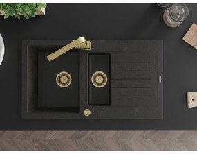 Mexen Matias, granitový drez 900x505x200 mm, 1,5-komorový a zlatá batéria Rita, čierna-zlatá metalíza, 6502-75-670300-50