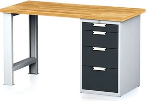 Dielenský pracovný stôl MECHANIC I, pevná noha + dielenský box na náradie, 4 zásuvky, 1500 x 685 x 880 mm, grafitové dvere