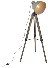 Priemyselná stojaca lampa na drevenom trojnohom stojane s sivým tienidlom - Laos