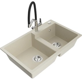 Mexen Tomas, 2-komorový granitový drez 800x500x190 mm a kuchynská batéria Duo, béžová, 6516-69-671701-07