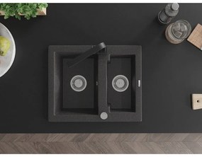 Mexen Carlos, 1,5-komorový granitový drez s odkvapkávačom 582x475x177 mm a čierna kuchynská batéria Rita, čierna škvrnitá, 6518-76-670300-70