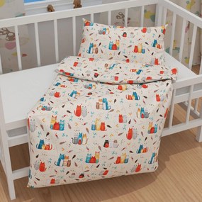 Biante Detské bavlnené posteľné obliečky do postieľky Sandra SA-655 Mačací svet modro-červený na krémovom Do postieľky 90x120 a 40x60 cm