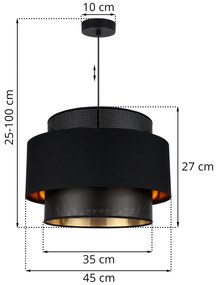Závesné svietidlo Asti, 1x PVC/čierne textilné tienidlo, (fi 45cm), g/c