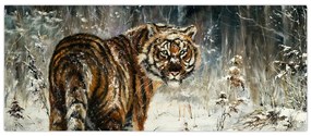 Obraz - Tiger v zasneženom lese, olejomaľba (120x50 cm)