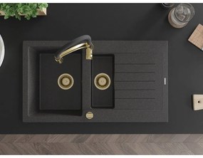Mexen Matias, granitový drez 900x505x200 mm, 1,5-komorový a drezová batéria Aster, čierna škvrnitá, 6502-76-73450-57-G