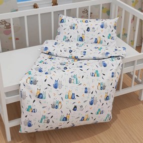 Biante Detské bavlnené posteľné obliečky do postieľky Sandra SA-653 Mačací svet modrý na bielom Do postieľky 100x135 a 40x60 cm