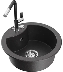 Mexen Diego, 1-komorový granitový drez 488x488x167 mm a drezová batéria Flora, čierna škvrnitá, 6512-76-670401-07
