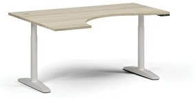 Výškovo nastaviteľný stôl OBOL, elektrický, 675-1325 mm, ergonomický ľavý, doska 1600x1200 mm, biela zaoblená podnož, dub prírodný