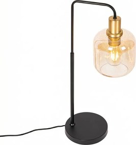 Dizajnová stolná lampa čierna s mosadzou a jantárovým sklom - Zuzanna