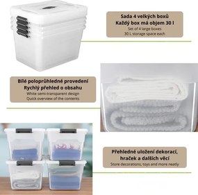 Sada 4 úložných boxov s viečkami, 30 l, plast, priehľadné