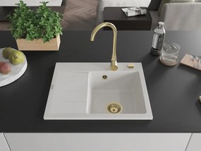 Mexen Ben granitový drez 1-komorový s odkvapkávačom, pravý 600 x 500 mm, biely, sifón zlatý - 6523605000-20-G