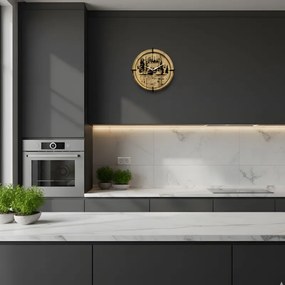 Drevené nástenné hodiny Lesná chatka pri jazere | SENTOP HDF0585-GOLD-OAK