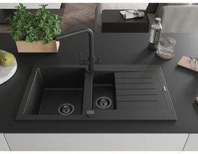 Mexen Matias, granitový drez 900x505x200 mm, 1,5-komorový a čierna batéria Duero, čierna, 6502-77-671600-70-B