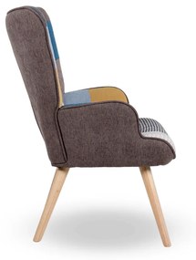 Kreslo ušiak CORDU + taburet — masív, látka, prírodná / patchwork