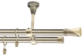 Dekorstudio Stropná mosadzná dvojradová garniža VEGA 19mm Dĺžka: 240cm, Typ uchytenia: Držiak dvojitý modern, Typ príslušenstva: Krúžky tiché so štipcami