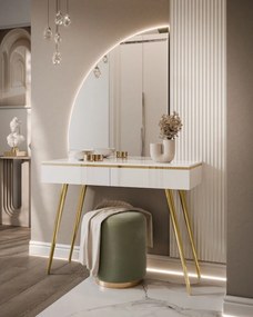 TOALETNÝ STOLÍK NESSIE BIELY LESK ĽAVÝ + ZLATÉ NOHY + ZRKADLO POLMESIAC