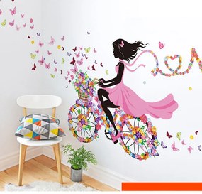 Samolepka na stenu "Dievča s motýľmi na bicykli" 140x70 cm