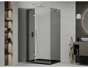 Mexen Roma, sprchovací kút s 1-krídlovými dverami 90 (dvere) x 120 (stena) cm, 6mm šedé sklo, chrómový profil, slim sprchová vanička 5cm čierna, 854-090-100-01-40-4070