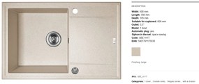 Laveo Megalo, 1-komorový granitový drez 780x500x185 mm + drezová batéria BKZ_468, béžová, LAV-SBEA411T