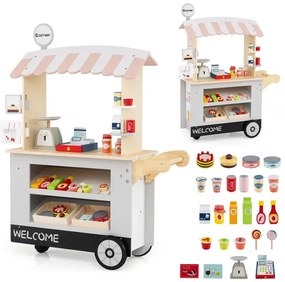 Detský drevený vozík s jedlom na 3 kolieskach s pokladňou, pojazdný vozík s jedlom pre deti od 3 rokov. Sivý.