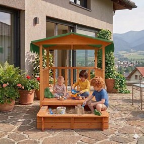 Pieskovisko s verandou HAPPY, 130x130x143cm, hnedá/zelená Jurhan