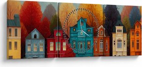 Obraz - Maľované jesenné mesto (s hodinami) (90x30 cm)