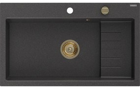 Mexen Omar, 1-komorový granitový drez 800x480x210 mm, čierna škvrnitá, zlatý sifón, 6520801005-76-G