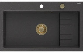 Mexen Omar, 1-komorový granitový drez 800x480x210 mm, čierna škvrnitá, zlatý sifón, 6520801005-76-G
