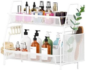 VERK GROUP Dvojposchodová polica, kovová s prídavným košíkom LOFT - biela, 36 x 17 x 32 cm