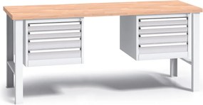 Pracovný stôl do dielne G3 s 2 závesnými boxami na náradie, buková škárovka, 8 zásuviek, pevné kovové nohy, 2000 mm, sivá