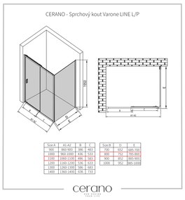 CERANO - Sprchovací kút Varone LINE L/P - čierna matná, transparentné sklo - 110x80 cm - posuvný, CER-CER-DY505B-90105