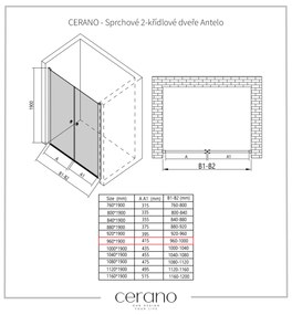 Cerano Antelo, 2-krídlové sprchové dvere do otvoru 96x190 cm, 6 mm číre sklo, čierny matný profil, CER-CER-432355