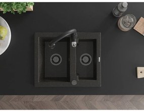 Mexen Carlos, 1,5-komorový granitový drez 582x475x177 mm a drezová batéria Savita, čierna-zlatá metalíza, 6518-75-672601-70-B