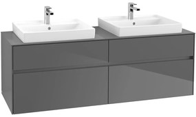 VILLEROY &amp; BOCH Collaro závesná skrinka pod dve umývadlá na dosku, 4 zásuvky, s LED osvetlením, 1600 x 500 x 548 mm, Glossy Grey, C024B0FP