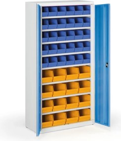 Skriňa s plastovými boxami BASIC - 1800 x 400 x 920 mm, 30xB/16xC, sivá/modré dvere