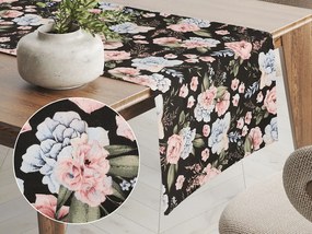 Biante Bavlnený behúň na stôl Sandra SA-449 Modro-ružové kvety na čiernom 35x140 cm
