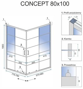 Rea Concept, sprchový kút s posuvnými dverami 80 (dvere) x 100 (dvere) x 190 cm, 5 mm číre sklo, čierny profil, REA-K6389