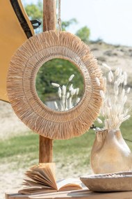 Nástenné okrúhle zrkadlo v ráme z prírodnej trávy Raffia natural - 61*2,5*61 cm