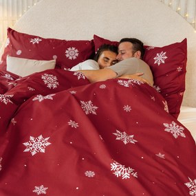 Goldea bavlnené posteľné obliečky - snehové vločky na červenej 140 x 200 a 70 x 90 cm