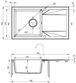 Deante Evora, granitový drez na dosku 780x440x193 mm, 3,5" + priestorovo úsporný sifón, 1-komorový, béžová, ZQJ_5113