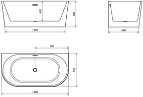 Mexen Oval, voľne stojaca nástenná vaňa 150 x 75 cm, biela, grafitový prepad, 52671507500-66