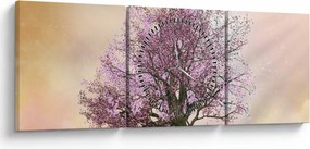 Obraz rozkvitnutého stromu na vrchole kopca (s hodinami) (90x30 cm)