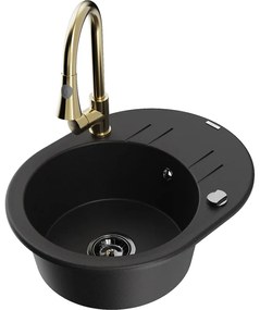 Mexen Kevin, 1-komorový granitový drez 586x458x190 mm a drezová batéria Elia, čierna, 6517-77-670101-50-B