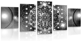 5-dielny obraz očarujúca Mandala v čiernobielom prevedení