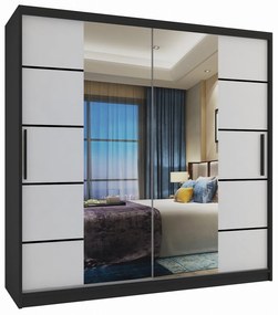 Šatníková skriňa 200 cm Belini čierny mat / biely mat s posuvnými dverami zrkadlom a zásuvkami ME SZP5/1/B/W/0/KLP