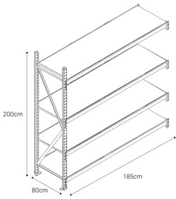 Kovový regál LONGSPAN, prídavný modul 200x185x80cm, 4x DTD polica, 800kg na policu